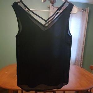 black sleeveless chiffon blouse with a V-neckline and mesh detailing Small